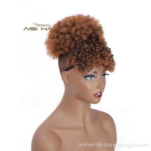 Aisi Hair New Design Kinky Curly Puff Brown Color Hair Bun With Bangs Afro Short Curly Synthetic Hair Extension For Black Women